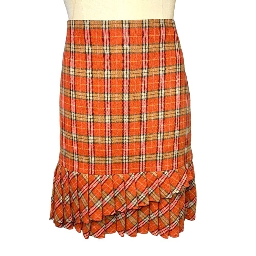 Vintage Plaid Skirt Red Orange Sz 6 Wool Blend Pleated Hem Scottish Tartan
